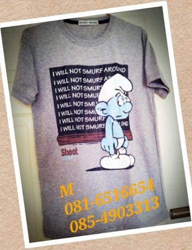 (2.7)Shoot เสื้อยืด ชาย-หญิง สีเทาลาย ลายสเมิร์บ Size M เนื้อผ้าเบาสบาย ถูกกว่าที่หน้าร้าน